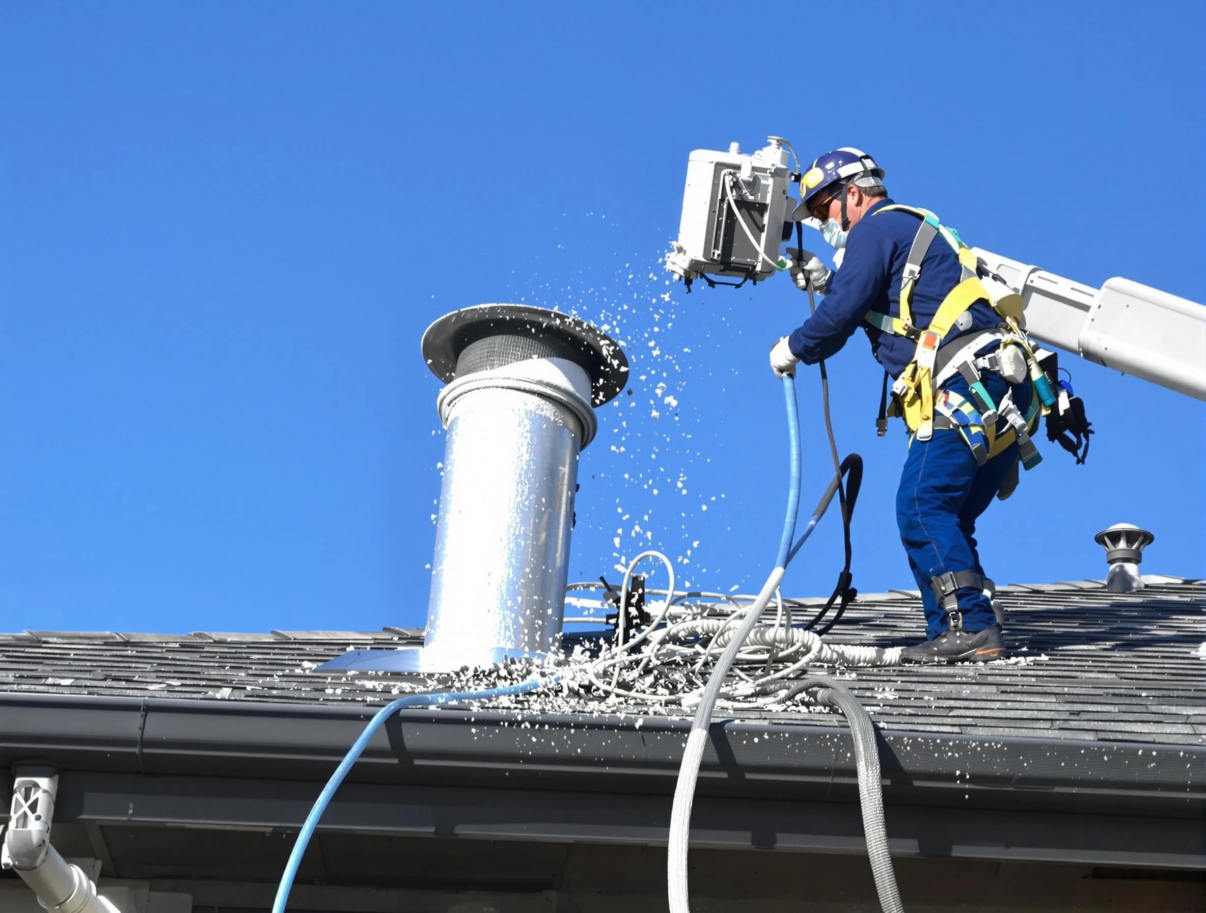Butler Dryer Vent Cleaning certified technician safely cleaning a roof-mounted dryer vent in Butler