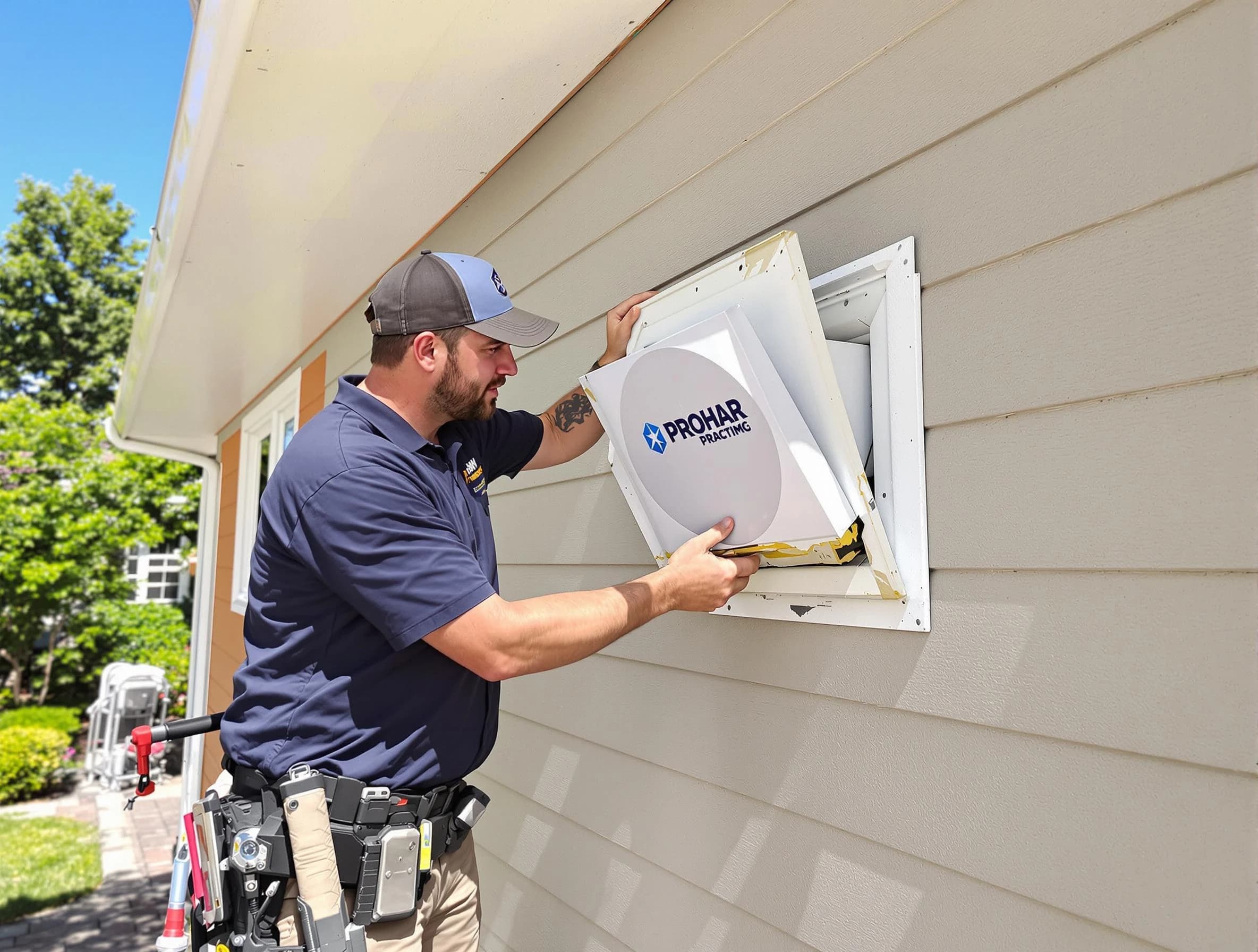 Butler Dryer Vent Cleaning technician installing a new protective dryer vent cover on a home in Butler