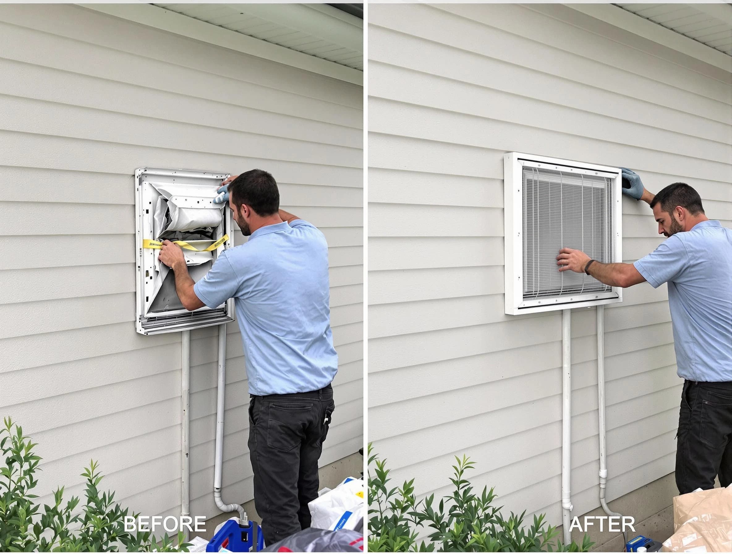 Butler Dryer Vent Cleaning technician installing high-quality dryer vent cover at a residential property in Butler